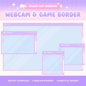 May include: A digital graphic set featuring Kawaii Lofi Windows, including one large game border and three webcam borders. The design uses a pastel purple and blue color palette with window interface elements, stars, and cloud icons.