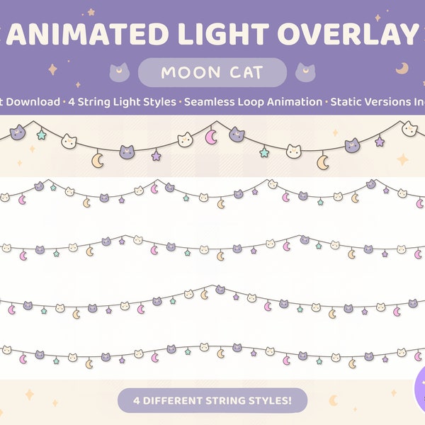 Moon Cat Twitch Overlay | Animated String Light Decoration | 4 String Styles | Pastel Kawaii Aesthetic | Stream Setup