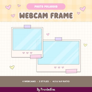 May include: A digital webcam frame set featuring two polaroid-style frames with light blue centers, decorated with small pink hearts and pastel tape accents. The graphic includes the text PHOTO POLAROID WEBCAM FRAME, 4 WEBCAMS, 2 STYLES, 4:3 & 16:9 RATIO, and By Prambelina.