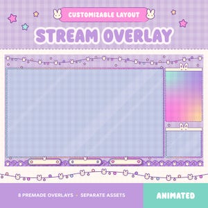 May include: A digital stream overlay set featuring a light purple gingham background with bunny and star motifs. The layout includes a large main frame, two side panels, and three bottom bars, all decorated with string lights and bunny icons.