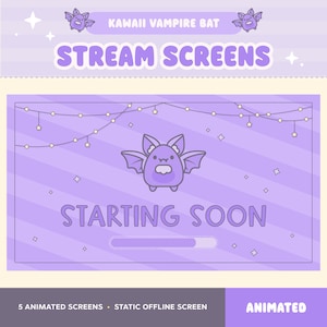 Op de afbeelding: Een digitale grafische set met een lichtpaars thema en een centrale cartoon vampier-vleermuis. De tekst luidt Kawaii Vampire Bat Stream Screens en Starting Soon. Het ontwerp bevat lichtsnoeren, sterren en een laadbalk-element.