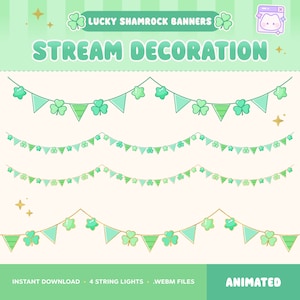 Op de afbeelding: Digitale streamdecoratie met vier lichtslingers met klaver- en driehoekbannerontwerpen in groentinten. De tekst luidt "Lucky Shamrock Banners" en "Stream Decoration". Geanimeerde .webm-bestanden zijn direct te downloaden.