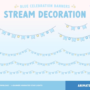 Verjaardag streamen decoratie, geanimeerde twitch-overlay, pastelblauwe banner ster lichtslingers, feestslinger, Vtuber