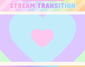 Puede incluir: Un gráfico digital con el texto KAWAII PASTEL HEARTS STREAM TRANSITION sobre un fondo de arcoíris pastel. Un corazón grande de color azul claro está centrado con un corazón rosa más pequeño dentro. Incluye .WEBM & .MOV FILES y texto ANIMATED.