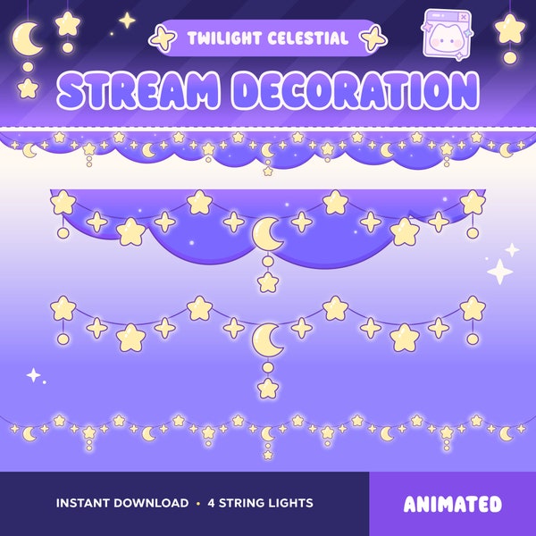 Celestial Twitch Overlay Stream Decoration, Star Moon Sparkle Cloud, Glowy Animated String Lights, Twinkle Fairy Lights, Vtuber, Youtube