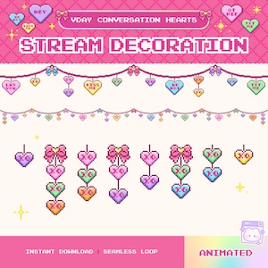 Cute Valentines Day Twitch Decoration, Animated String Lights, Pixel Art, Conversation Hearts, Pastel Rainbow, Vtuber