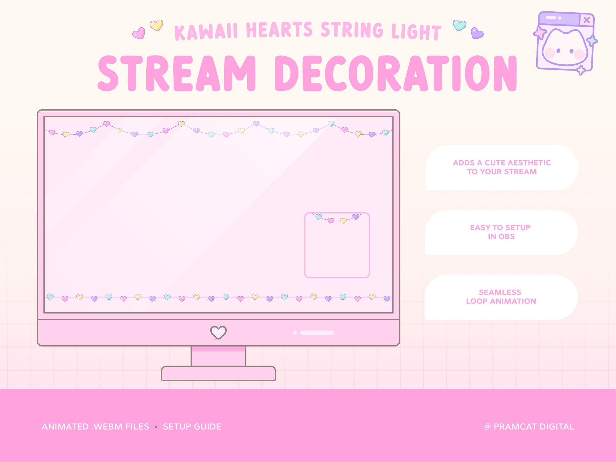 Twitch Overlay Kawaii Hearts Animated String Light Decoration 3 String ...