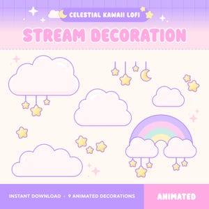 Kawaii wolkendecoratie, geanimeerde lofi Twitch-overlay, sterren, regenboog, maan, hemelse lichtslinger, Vtuber