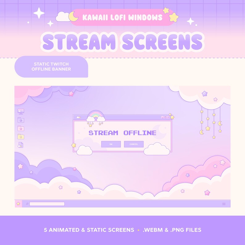 5 écrans de stream animés Kawaii Clouds, style rétro lo-fi pour Windows, bientôt disponible en overlay Twitch. image 3
