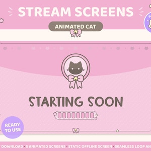5 pantallas de transmisión animadas de gatos, superposición de Twitch, kawaii lindo rosa, comienza pronto, transmisión sin conexión, fin de transmisión