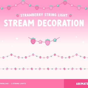 Strawberry Stream Decoration, Animated Twitch Overlay, String Light Garland, Pastel Pink Cute Cozy Farming Aesthetic, cottagecore