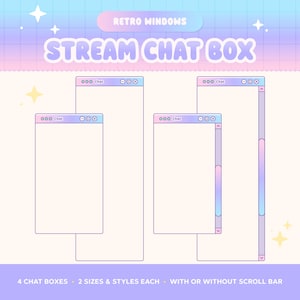May include: Four digital stream chat box overlays with a pastel gradient finish. The design features retro window frames with title bars labeled Chat, including minimize, maximize, and close icons. Two boxes include vertical scroll bars.