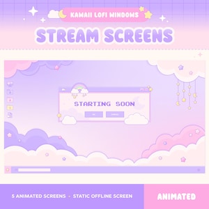 Peut inclure: Une superposition d'&eacute;cran de streaming num&eacute;rique avec un th&egrave;me de ciel violet et rose pastel, des nuages, des &eacute;toiles et des lunes. La fen&ecirc;tre centrale affiche le texte STARTING SOON avec des boutons OK et CANCEL, des ic&ocirc;nes et une barre des t&acirc;ches.