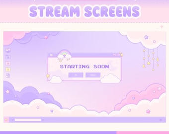 5 écrans de stream animés Kawaii Clouds, style rétro lo-fi pour Windows, bientôt disponible en overlay Twitch.