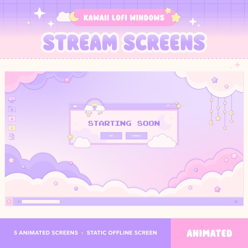 Peut inclure: Une superposition d'&eacute;cran de streaming num&eacute;rique avec un th&egrave;me de ciel violet et rose pastel, des nuages, des &eacute;toiles et des lunes. La fen&ecirc;tre centrale affiche le texte STARTING SOON avec des boutons OK et CANCEL, des ic&ocirc;nes et une barre des t&acirc;ches.