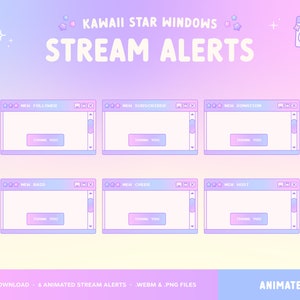 Windows TwitchAlerts, Animierter Stream Overlay, Retro Y2K, Niedlich Pastell Rosa Lila Blau, Kawaii Sterne