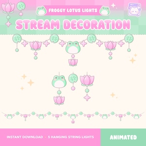 May include: Five animated string lights with green frogs, pink lotus flowers, and green lily pads. The lights are decorated with stars and are labeled "Froggly Lotus Lights" and "Stream Decoration".