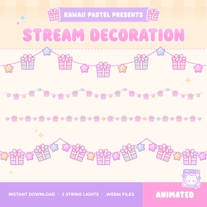 Birthday Twitch Overlay, Christmas Lights Stream Decoration, Cute Star Fairy Light, Animated Present Pink String Light, Kawaii Pastel Party