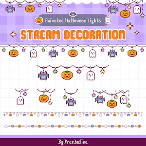 May include: Pixel art digital assets featuring animated Halloween lights with orange pumpkins, white ghosts, and purple bats. The text reads Animated Halloween Lights, STREAM DECORATION, and By Prambelina. These decorative elements are arranged in strings.
