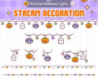 Halloween Twitch Overlay Stream Decoration, Animated String Light Garland, Ghost, Bat, Pumpkin, Vtuber Assets