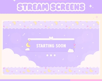 Kawaii Bunny Stream Screens, Animated Twitch Overlay, Starting Soon, Twitch Offline Banner, Star, Moon