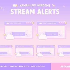 Cute Twitch Alerts, Animated Stream Overlay, Lofi Retro Windows, Celestial Cloud Star, Cozy, Pastel Purple Pink