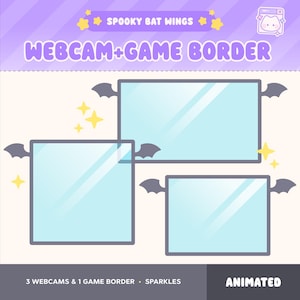 Puede incluir: Gráfico digital con tres marcos de webcam y un borde de juego, todos con interior azul claro y bordes grises. Cada marco está adornado con alas de murciélago. El texto dice "WEBCAM+GAME BORDER" y "SPOOKY BAT WINGS". También se incluyen destellos animados.