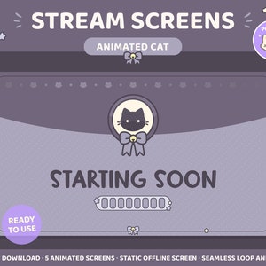 黒猫アニメーションストリーム画面 x5、Twitch オーバーレイ、かわいい魔女、まもなく開始、オフラインストリーム、ストリーム終了