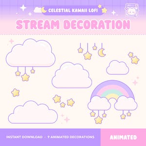 Lofi Stream Decorations, Cloud Twitch Overlay Animated, Stars Cloud Rainbow Moon String Lights, Cozy, Pastel, Vtuber Assets