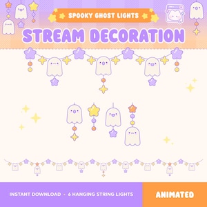 ゴーストストリームデコレーション、ハロウィーンのTwitchオーバーレイ、不気味なアニメーション吊り下げストリングライト、かわいいストリームガーランド、星、秋、Vtuber