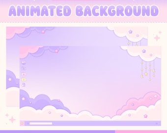 May include: A digital animated background set titled Kawaii Lofi Clouds featuring purple and pink pastel clouds, hanging stars, and crescent moons. The design includes a taskbar at the bottom and folder icons on the left side for desktop use.