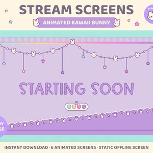 Bunny Animated Stream Screens x6, Twitch Overlay, Kawaii Cute Rainbow Star, Starting Soon, Now Loading, Stream Offline, BRB, Stream End