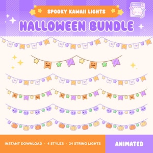 Twitch ハロウィン オーバーレイ バンドル、アニメーション ストリーム デコレーション、パーティー ガーランド ストリング ライト、不気味な幽霊、カボチャ、頭蓋骨、かわいい星