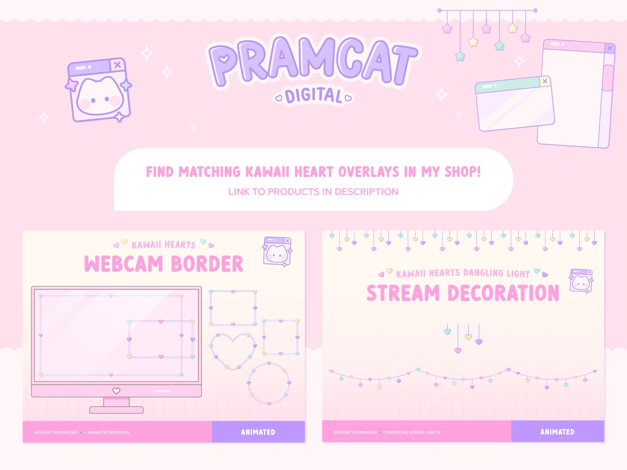 Twitch Overlay Kawaii Hearts Animated String Light Decoration 3 String ...