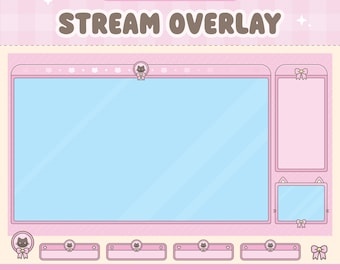 Superposición de transmisión de Twitch con diseño de gato kawaii, diseño personalizable en rosa, recursos para Vtuber.