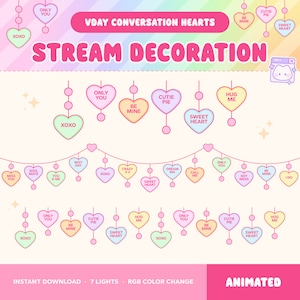 May include: Animated Valentine's Day conversation heart garland with seven lights. The garland features hearts with phrases like "Only You", "Cutie Pie", "Be Mine", and "Sweet Heart".