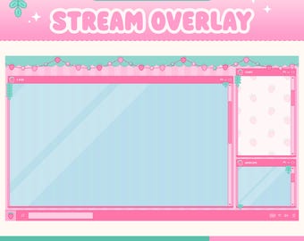 Strawberry Twitch Overlay, Animated Customizable Layout, Cottagecore Windows Desktop, Cozy, Pink
