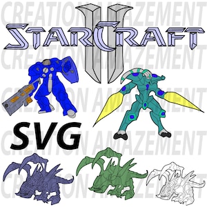 以下が含まれることがあります： StarCraft IIのロゴ。青いマリーン、緑のザーグリング、紫のハイドラリスク、白いラーカーが描かれている。ロゴはグレーと白の配色である。