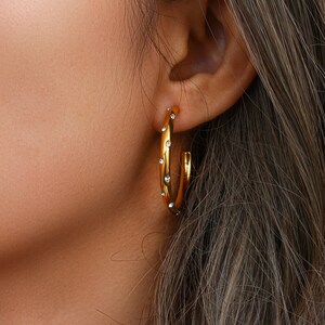 Stainless Steel 18K Gold Plated Clear Colorful Zircon Stone Paved Thin Large Hoop Earrings Statement Earring Hoop Earrings Dainty Earring