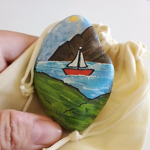 Hand Painted Rock - Sail Boat in a Sunny Cove