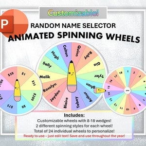 Selectores de rueda giratoria aleatorios personalizables para Microsoft PowerPoint: animados, haga clic para iniciar y detener: excelente recurso para el aula o la oficina