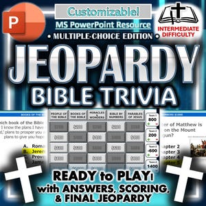Jeopardy Bible Trivia Game For Microsoft PowerPoint - Ready to Play, Customizable, Digital Bible Study Group Activity Resource