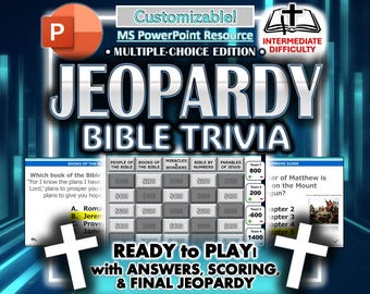 May include: A digital Jeopardy game template for Bible trivia. The design features the title "JEOPARDY BIBLE TRIVIA" in large, bold letters. Includes a game board layout, question examples, and the Microsoft PowerPoint logo.