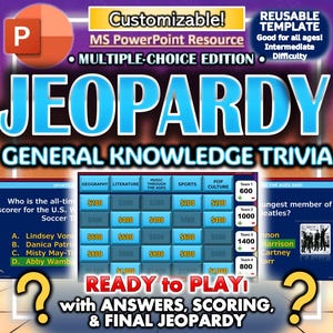 May include: A digital Jeopardy game template with the title "JEOPARDY GENERAL KNOWLEDGE TRIVIA." The design includes a game board, question examples, and the text "READY to PLAY!" The template is customizable and reusable.