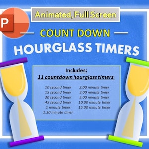 Könnte beinhalten: Animierte, vollbild-Countdown-Sanduhren für PowerPoint. Enthält 11 Timer von 10 Sekunden bis 15 Minuten.