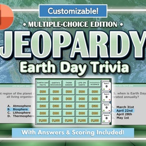 Puede incluir: Un juego de preguntas y respuestas sobre el Día de la Tierra, personalizable, en formato Jeopardy. El tablero de juego tiene categorías como Datos del Día de la Tierra, Recursos de la Tierra, Piensa en verde, La vida en la Tierra y Ciencia. El juego está diseñado para varios jugadores e incluye respuestas y puntuación.