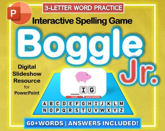 以下が含まれることがあります： 「Boggle Jr.」というPowerPoint用のデジタルインタラクティブスペリングゲーム。画面にはピンクの豚のイラストと「IG」の文字が表示されています。このゲームには60以上の単語と解答が含まれています。