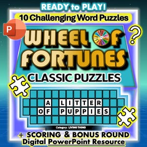 Może przedstawiać: Kolorowy cyfrowy zasób PowerPoint do gry w Koło Fortuny. Obraz przedstawia planszę do gry z frazą "Miot szczeniąt" i kategorią "Istoty żywe". Tytuł zasobu to "Koło Fortuny: Klasyczne łamigłówki".