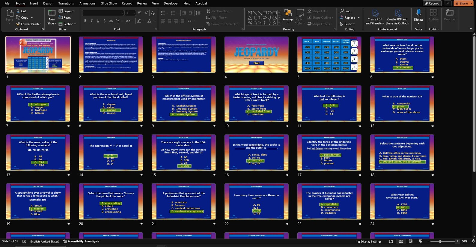 Jeopardy Powerpoint Game Customizable Template, Ready to Play