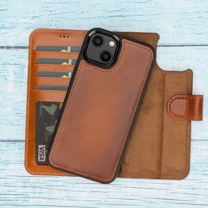 Personalized iPhone 13 Case, Full Grain Leather iPhone 13 6.1" Detachable Back Cover Supports Wireless Charge, RFID Blocker Wallet